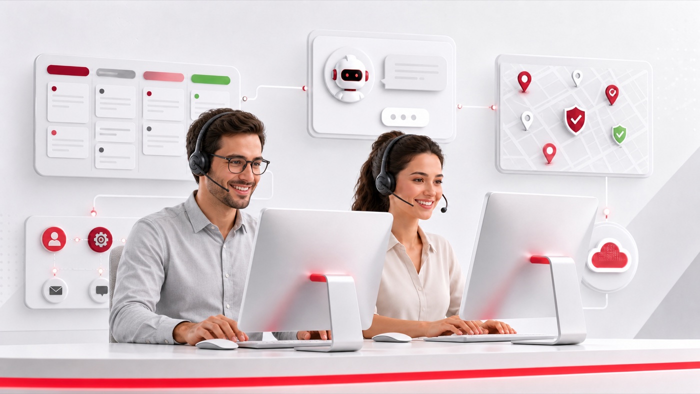 Weeke customer service team working on two computers with Kanban, chatbot, Safe Map, automations and cloud services