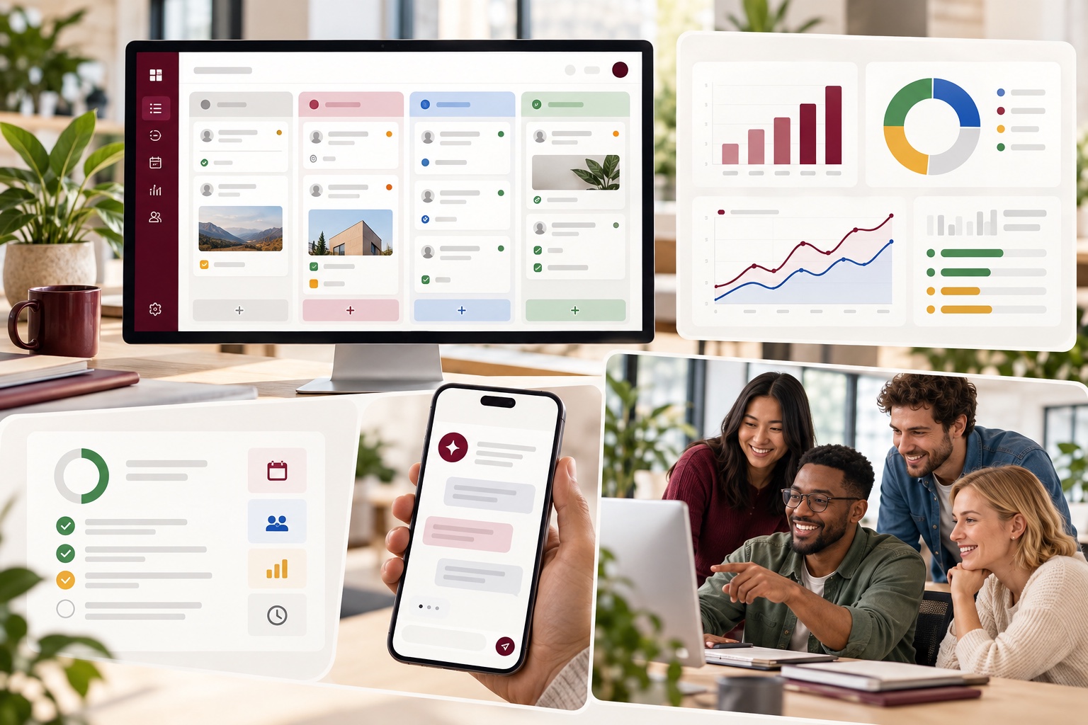 Mosaic showing a Kanban board, BI indicator dashboard, productivity checklist, chatbot on a phone and a team collaborating in a modern office