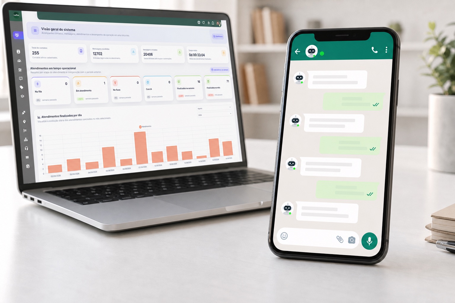 Celular com conversa automatizada e notebook exibindo o painel do Weeke Chatbot