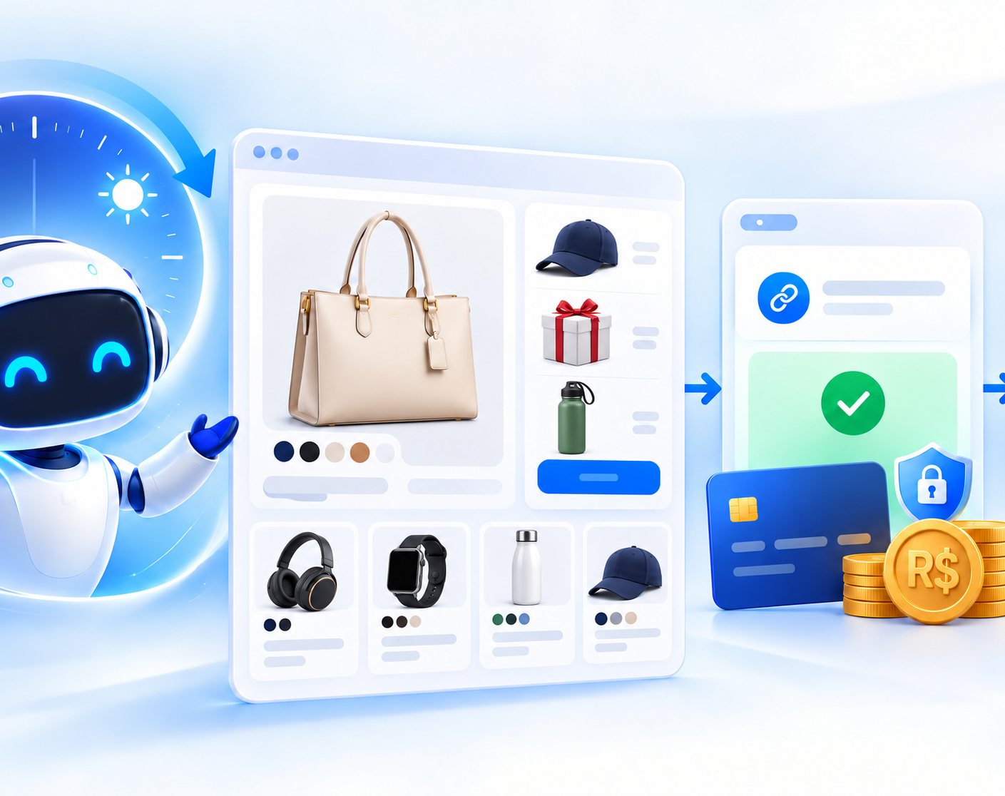 Assistente de IA mostrando uma loja virtual de bolsas, bonés, brindes, garrafas e eletrônicos