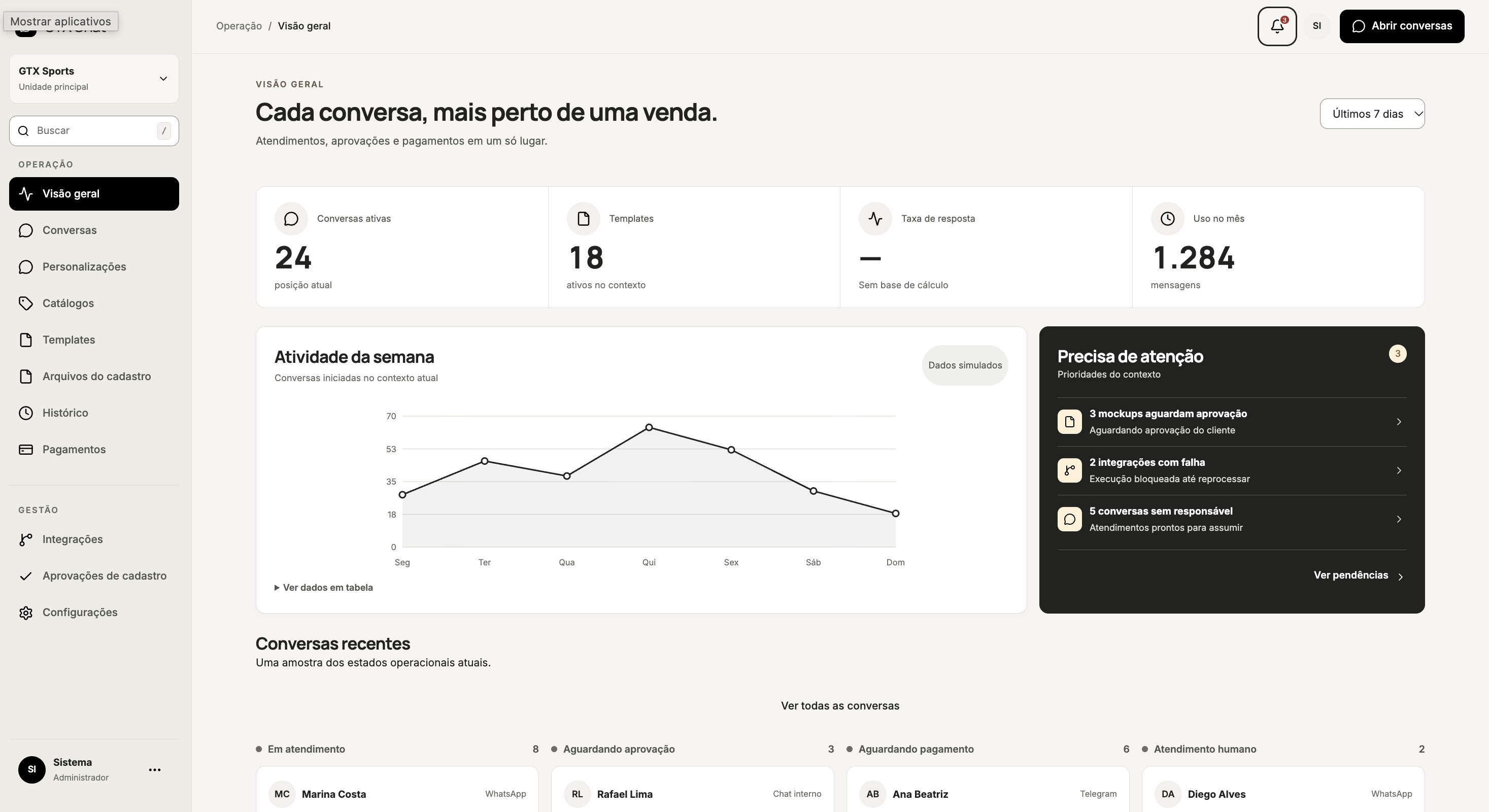 Weeke IA conceptual interface preview: conversations, payments, weekly activity and pending items